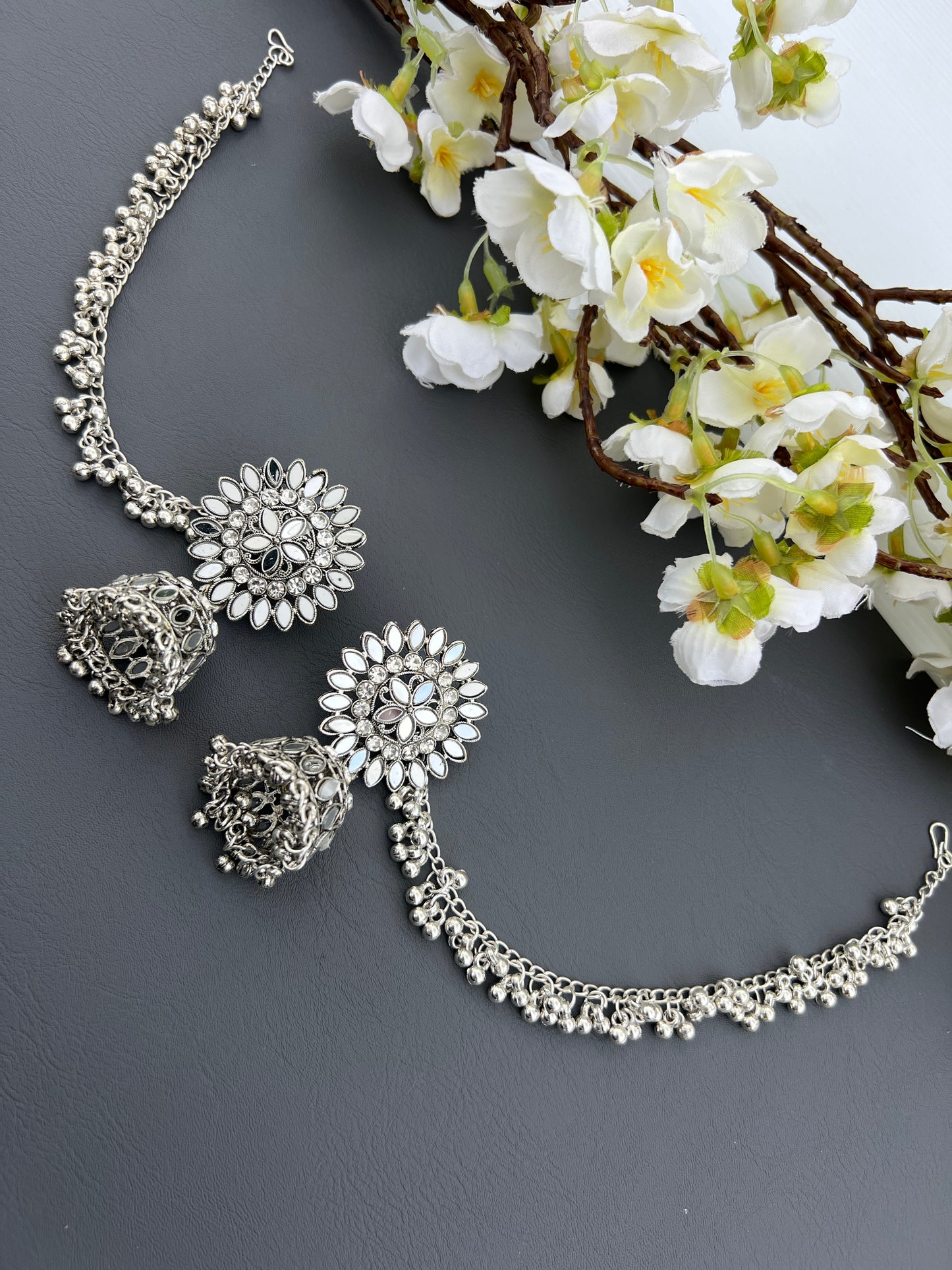 Silver jhumka with ear chains