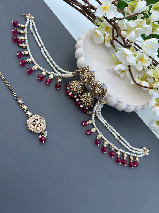 Small jhumki tikka set with ear chains