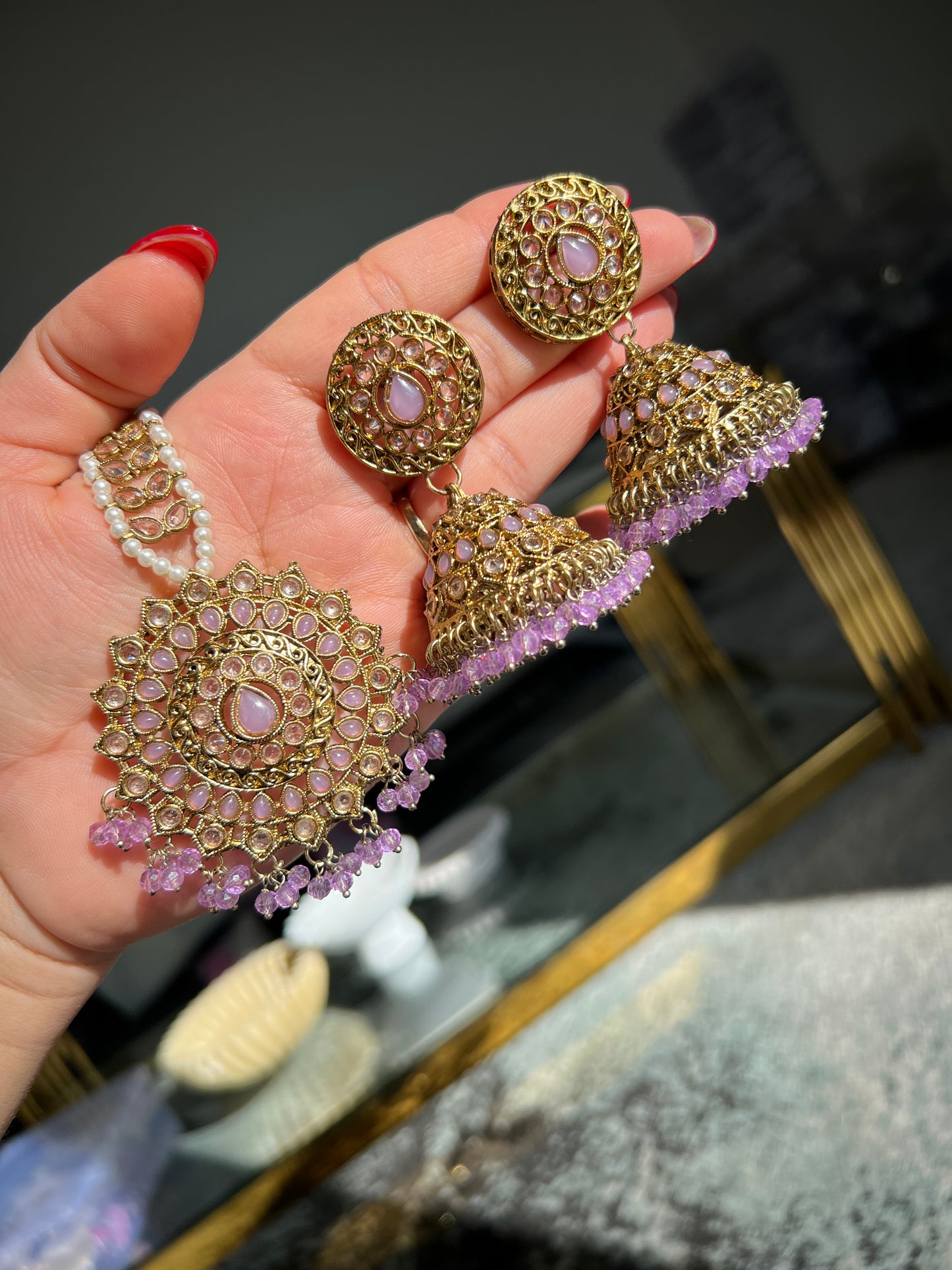 Lavender jhumka & tikka set