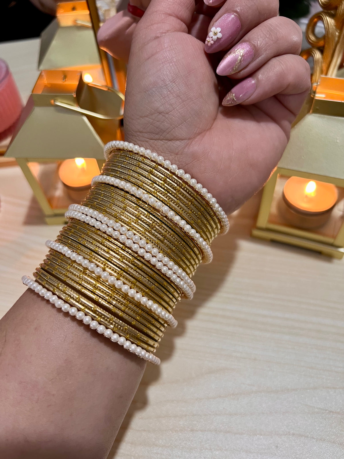 The Empress Pearl & Textured Gold Bangle Stacks