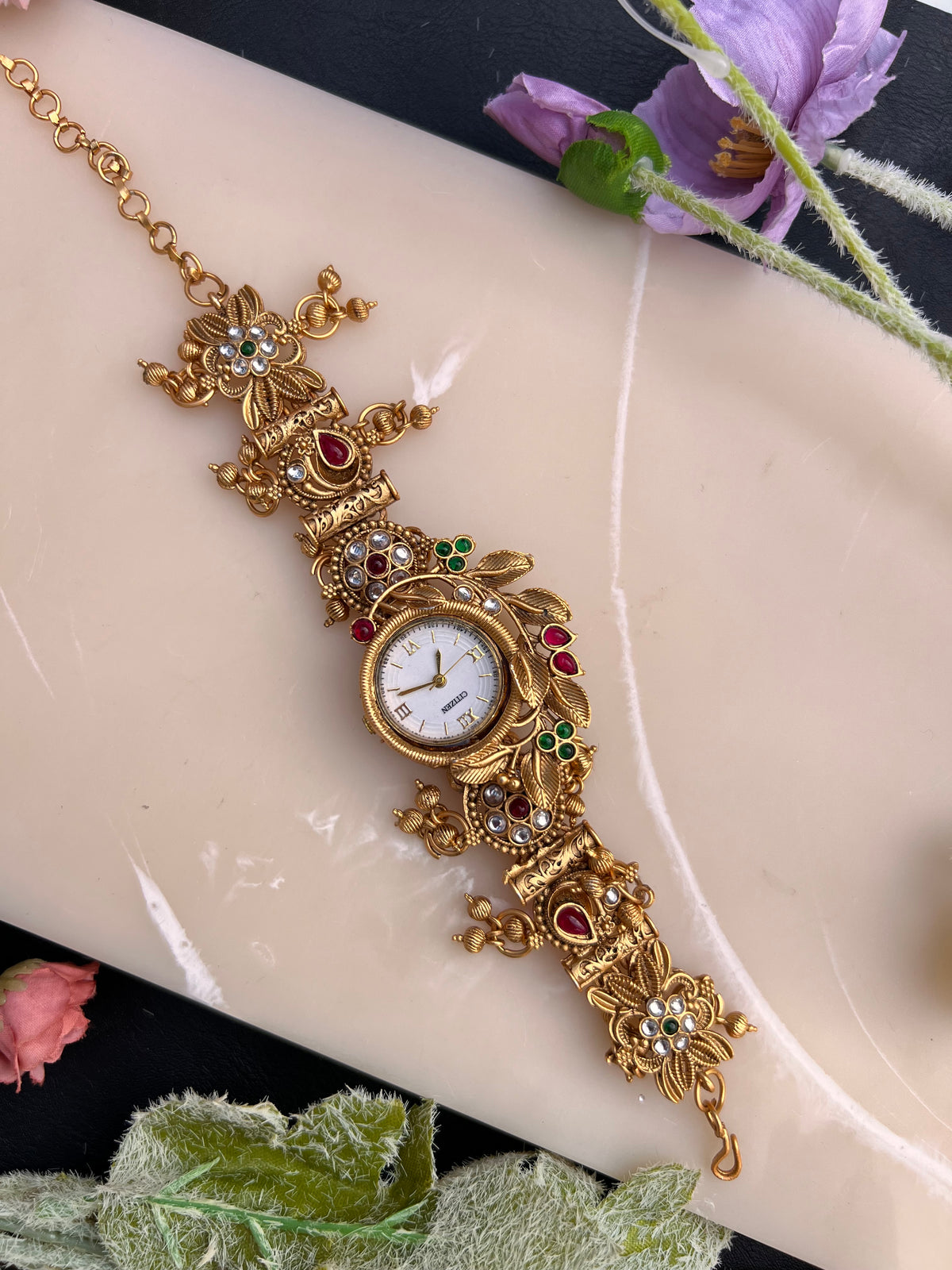 Viraasat Antique Gold Floral Kada Watch