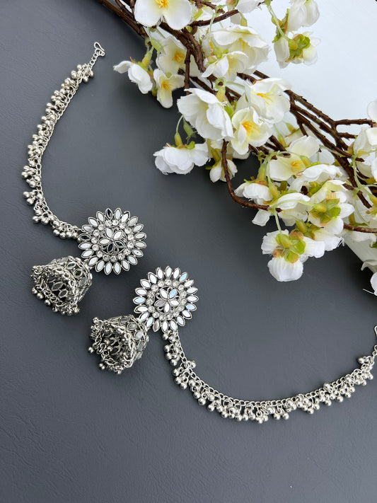 Silver jhumka with ear chains