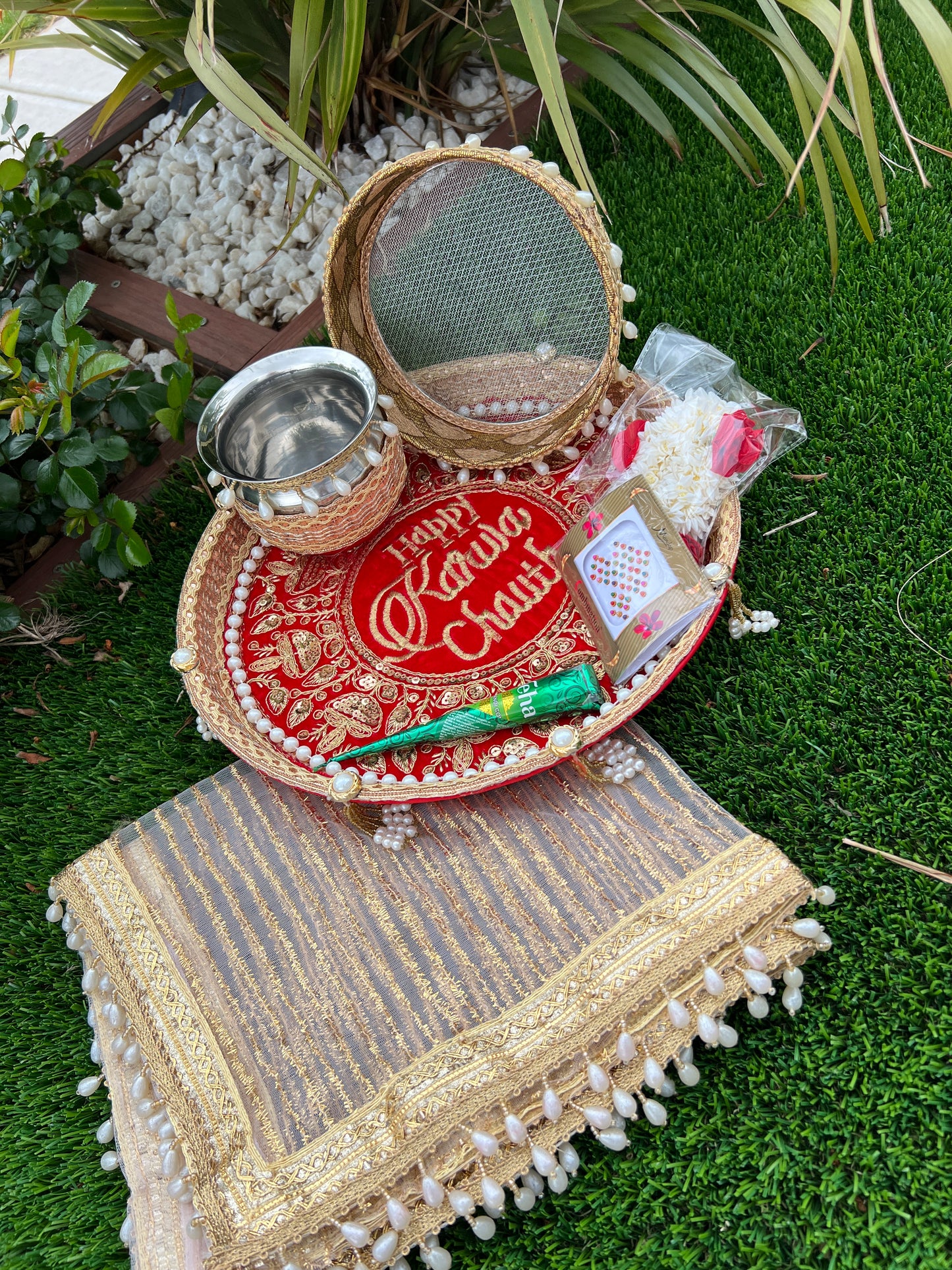 Happy Karwa chauth Embroidered thali set