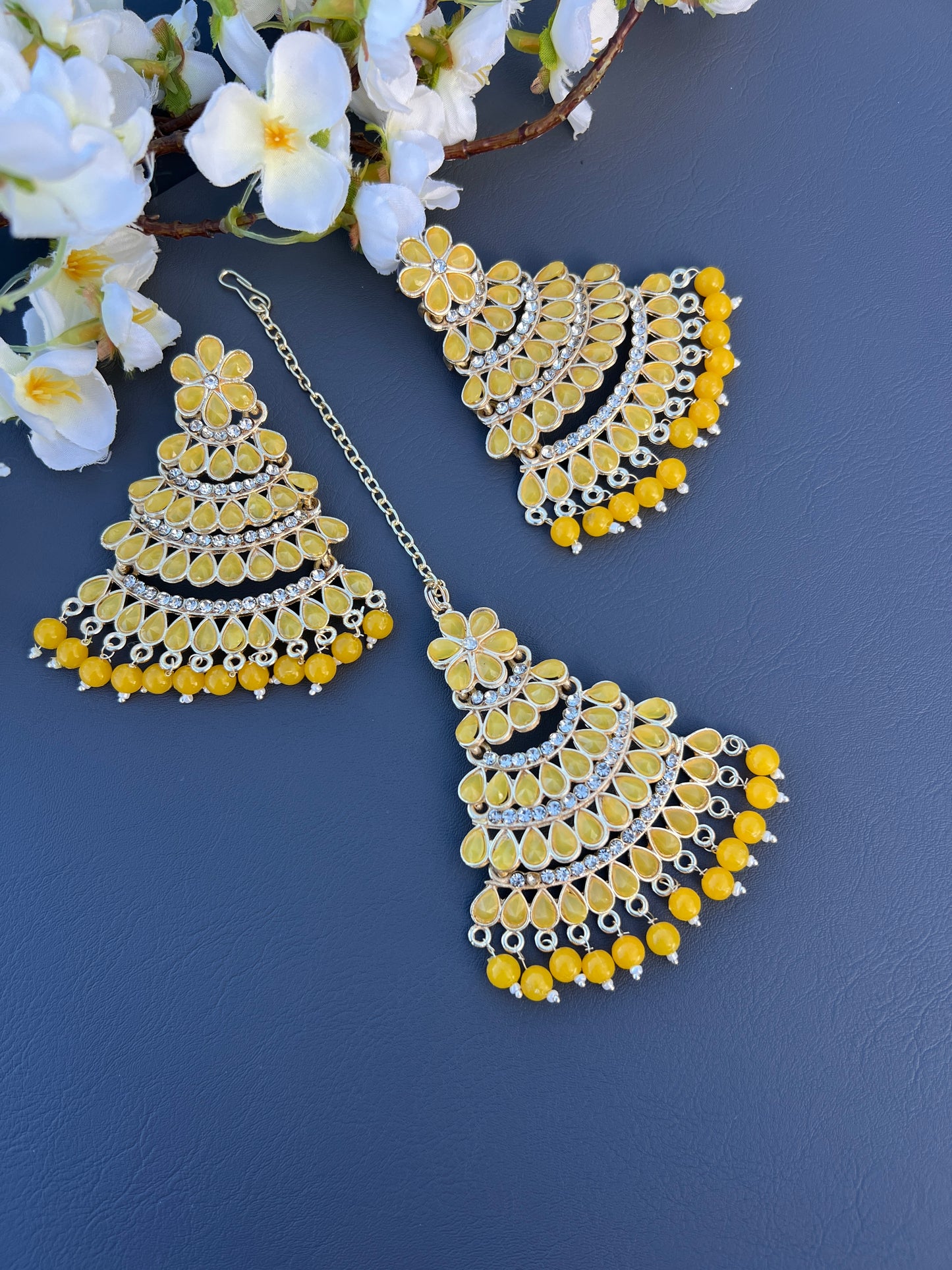 Yellow earrings & tikka