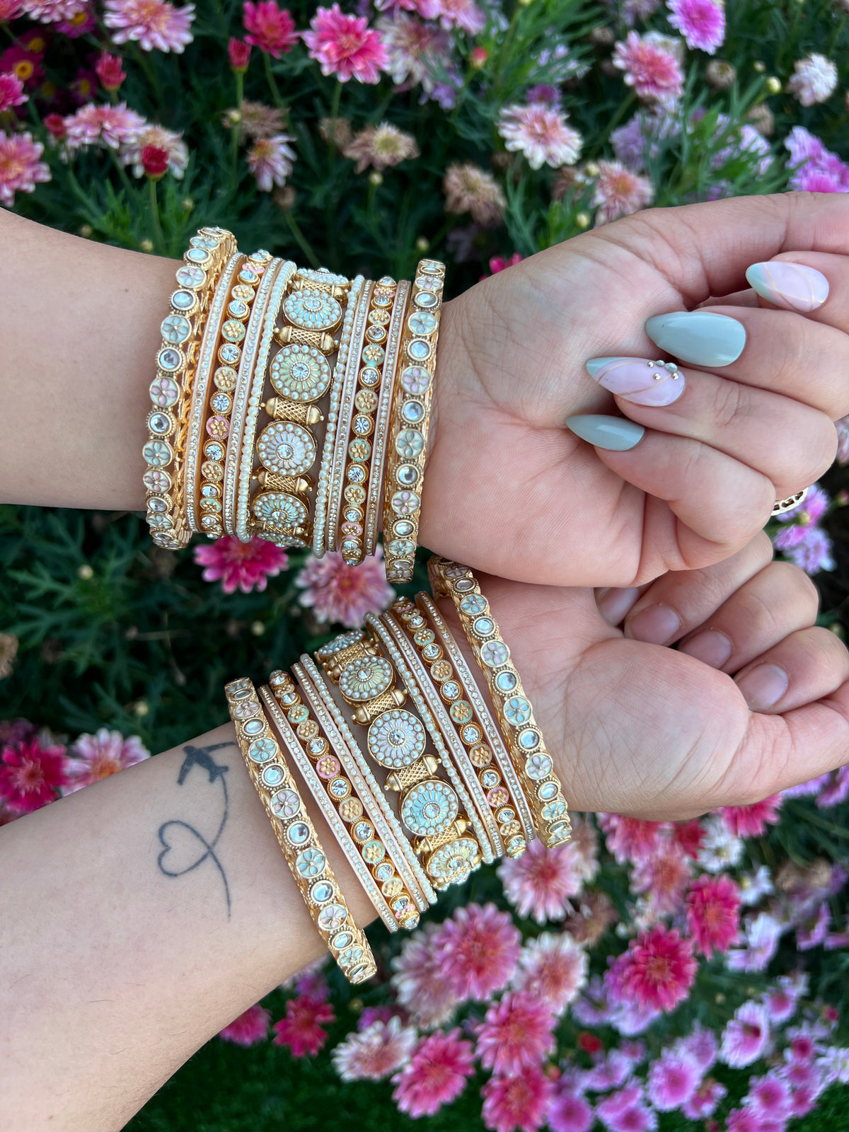 Blooming Grace Pastel Pearl & Kundan Bangles Set( Both hands)