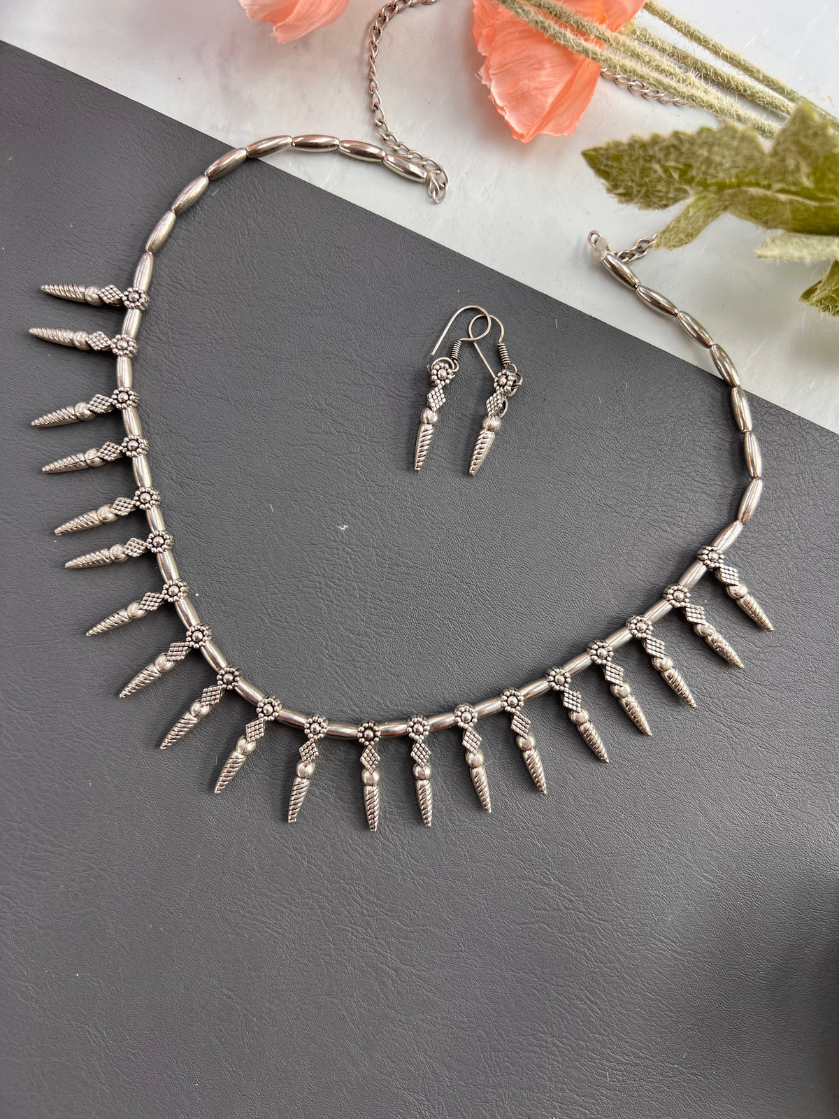 Tribal Spike Oxidised Silver Necklace Set