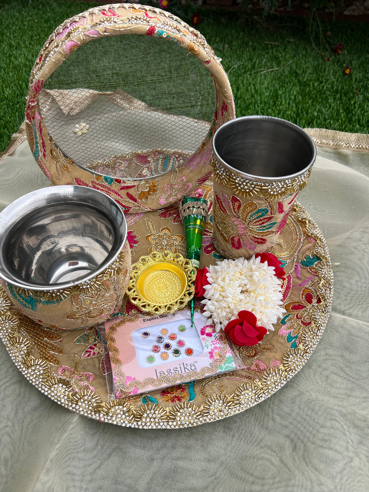 Royal Pastel Floral Handcrafted Karwa Chauth Thali Set