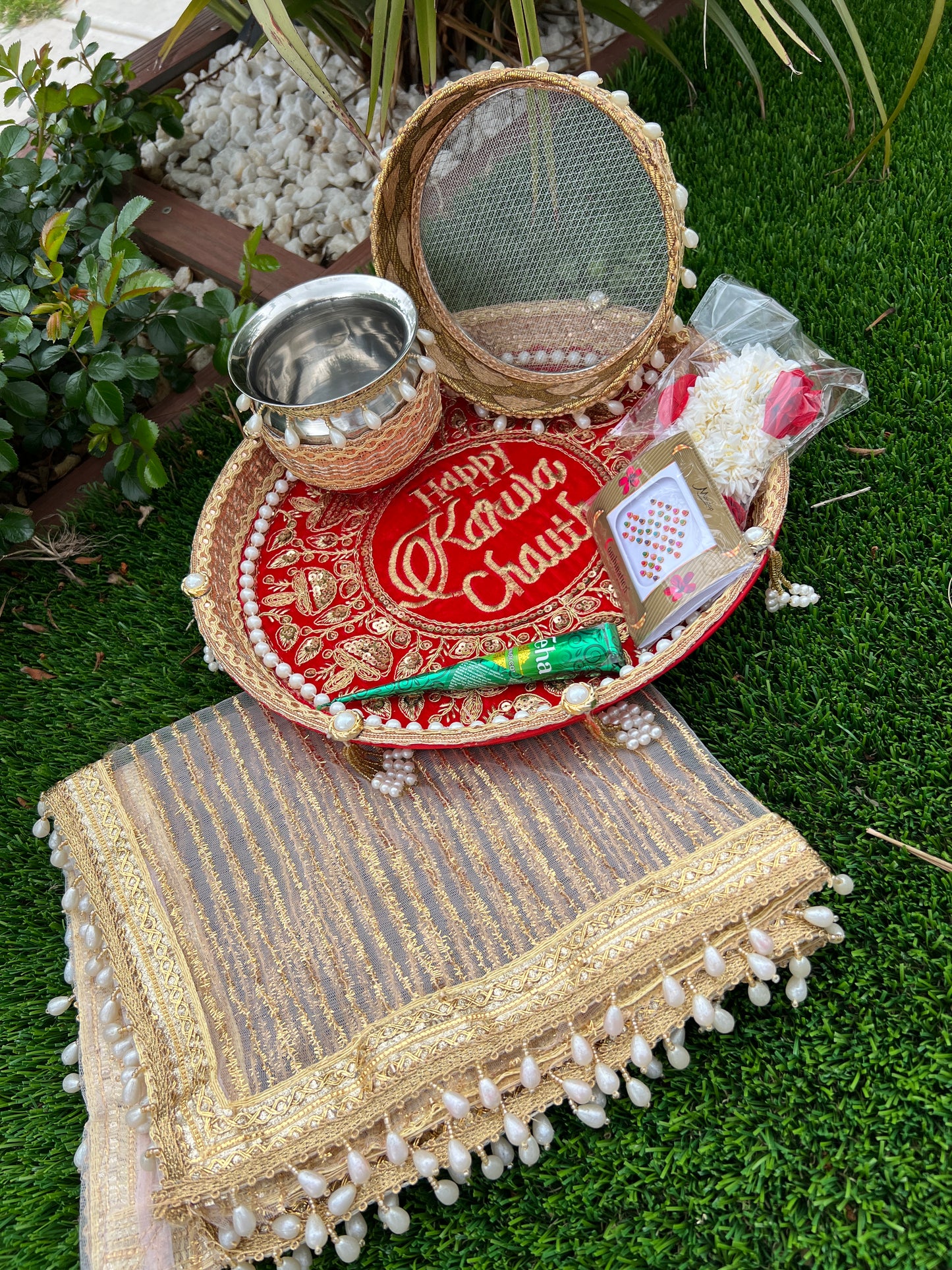 Happy Karwa chauth Embroidered thali set