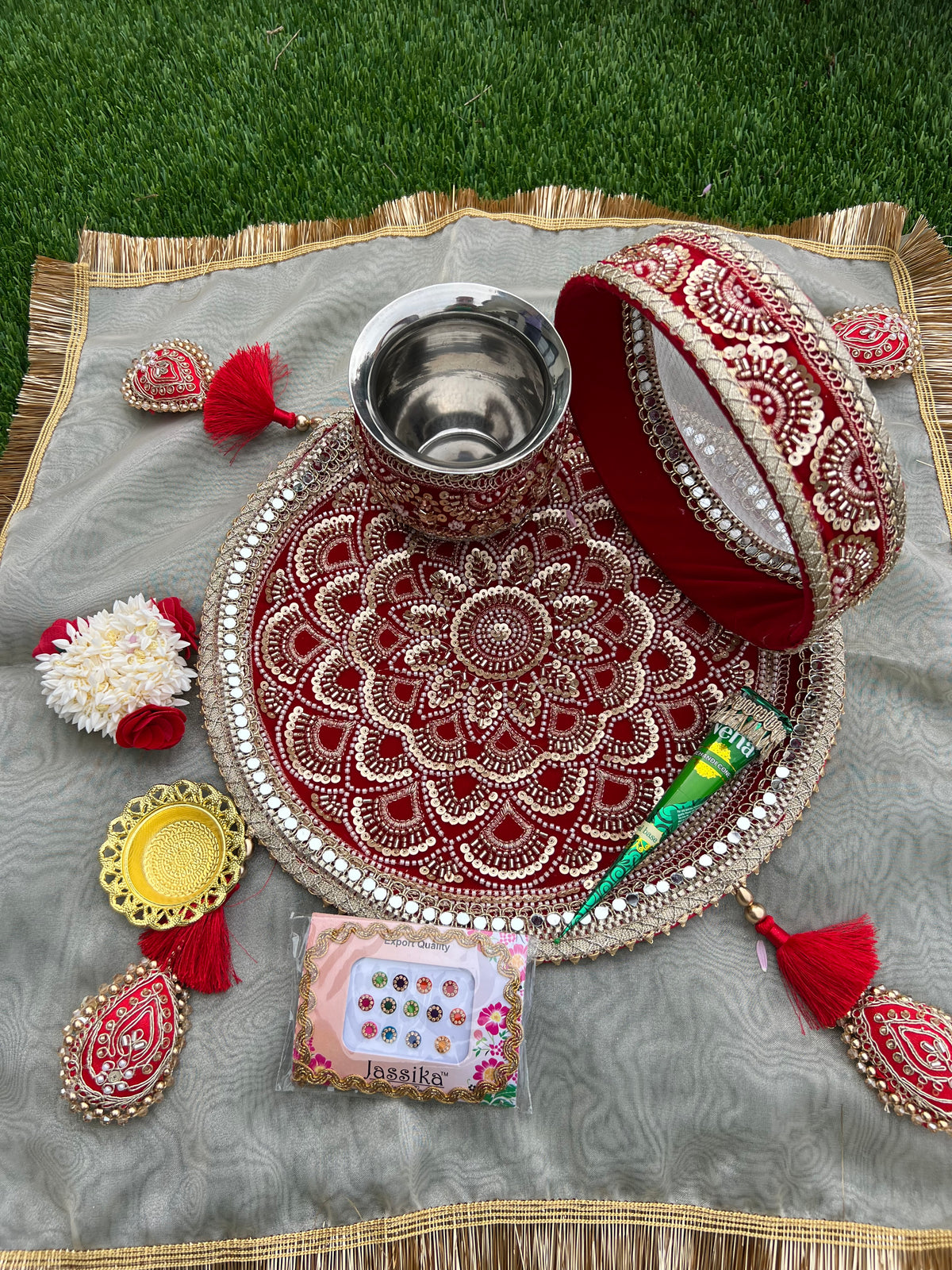 Royal Maroon Velvet Karwachauth Thali Set