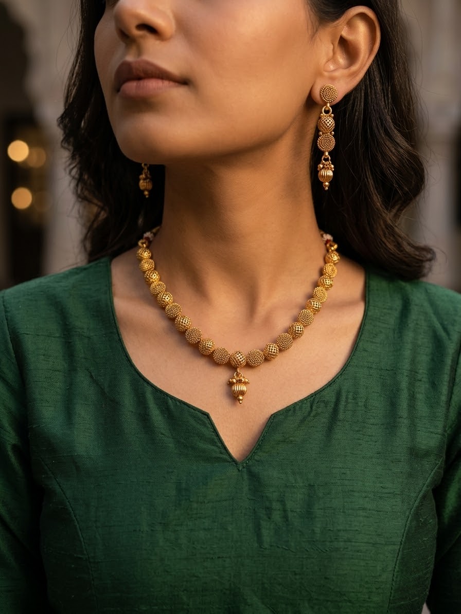 Regal Textured Bead Short Necklace Set