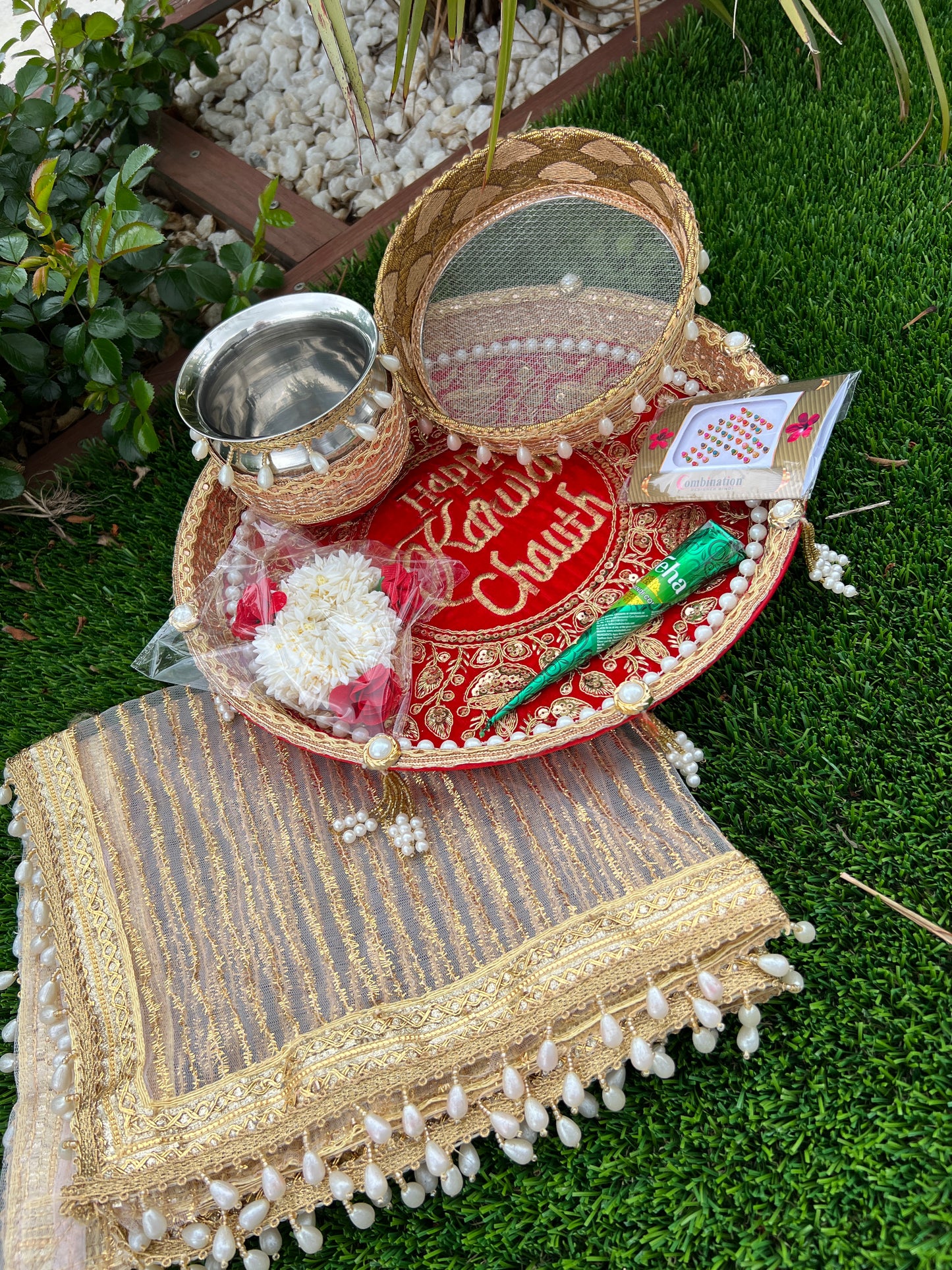 Happy Karwa chauth Embroidered thali set