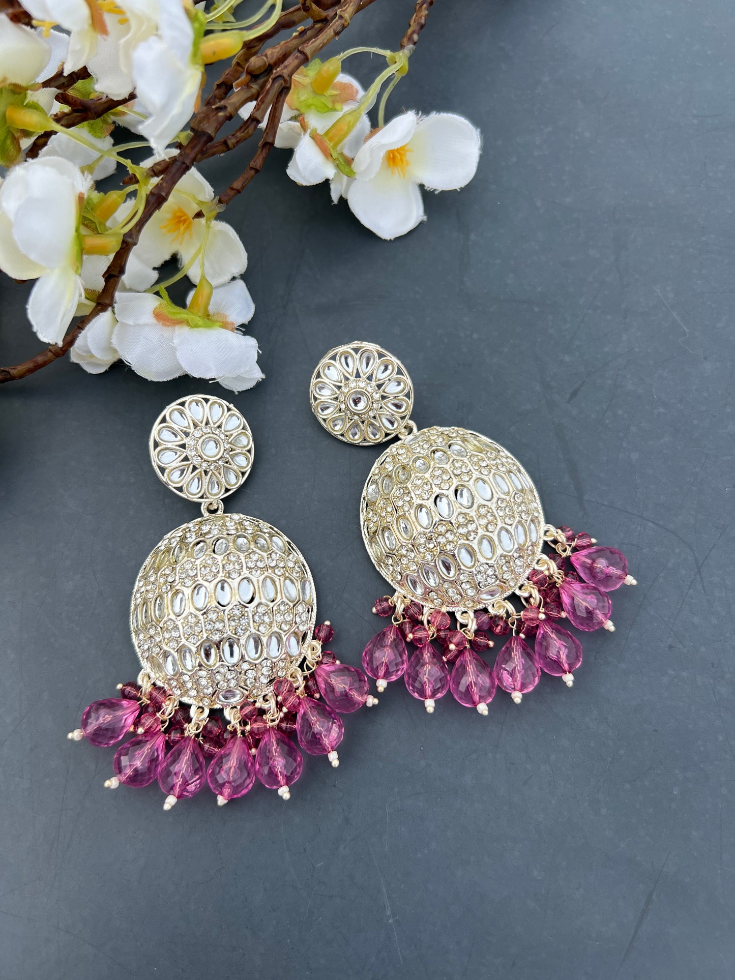 Onion colour kundan earrings