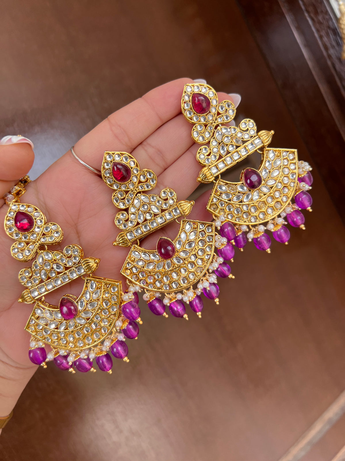 Regal Crescent Kundan Earrings with Matching Maang Tikka