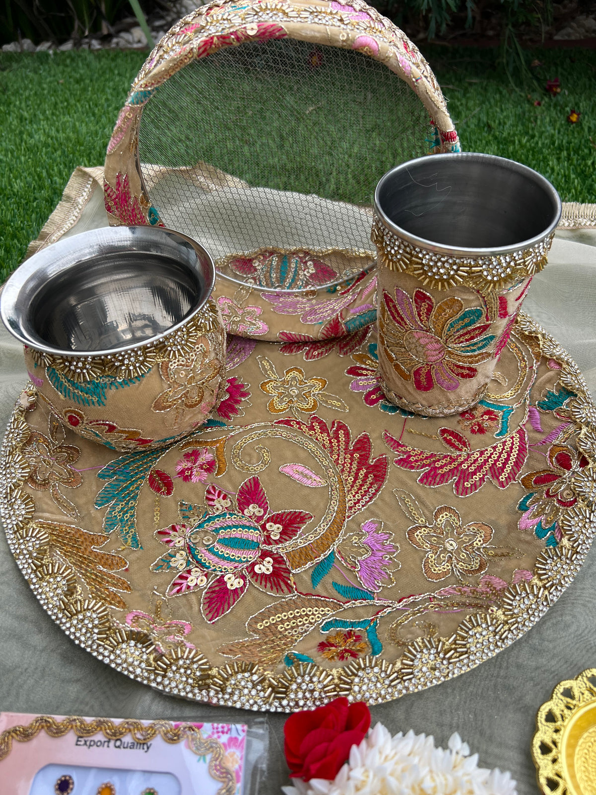 Royal Pastel Floral Handcrafted Karwa Chauth Thali Set
