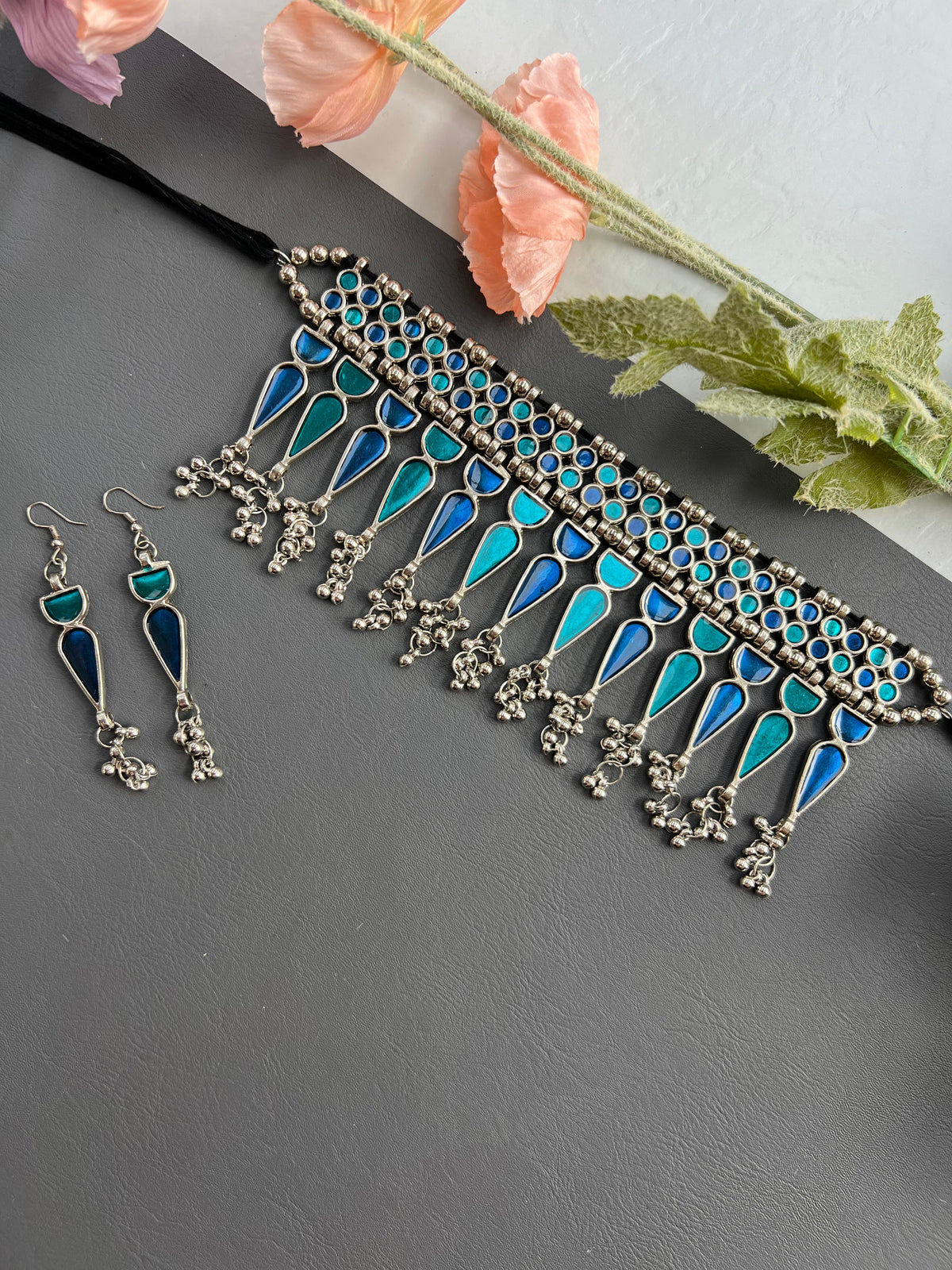 Royal Teal & Cobalt German Silver Choker Set