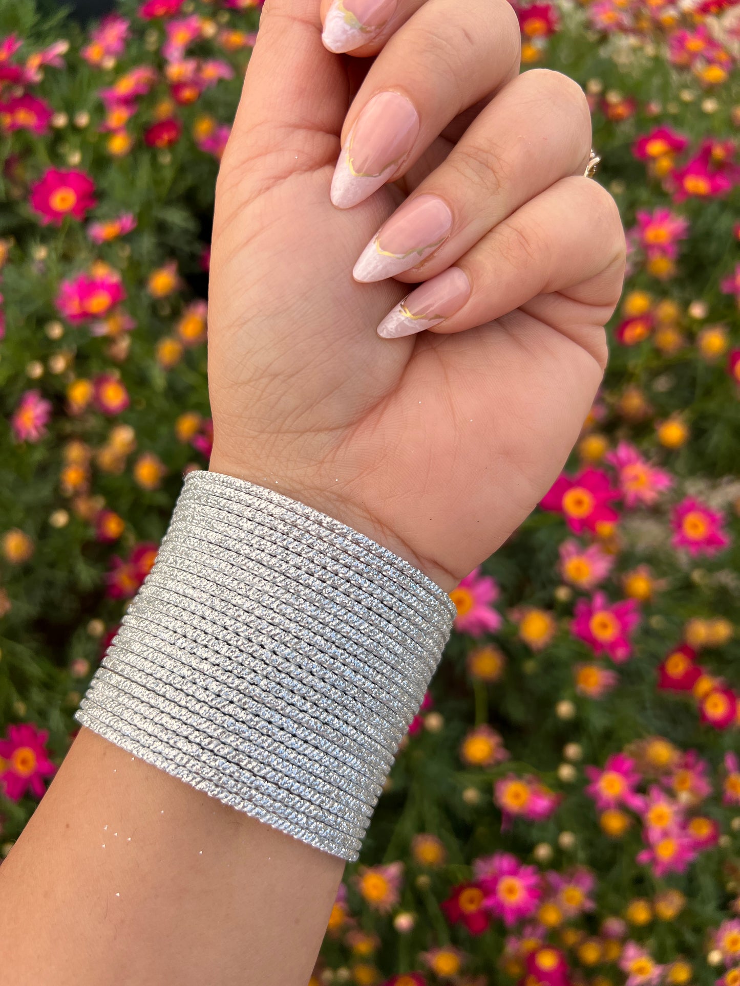 Silver metal bangles stack