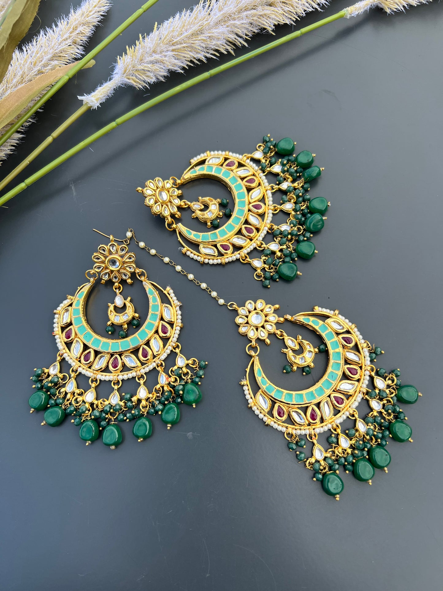 Kundan oversized earrings and tikka set