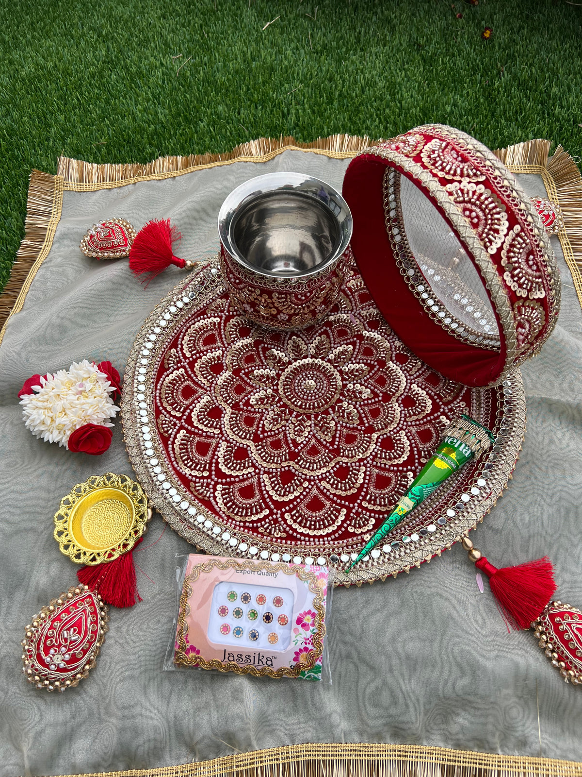 Royal Maroon Velvet Karwachauth Thali Set