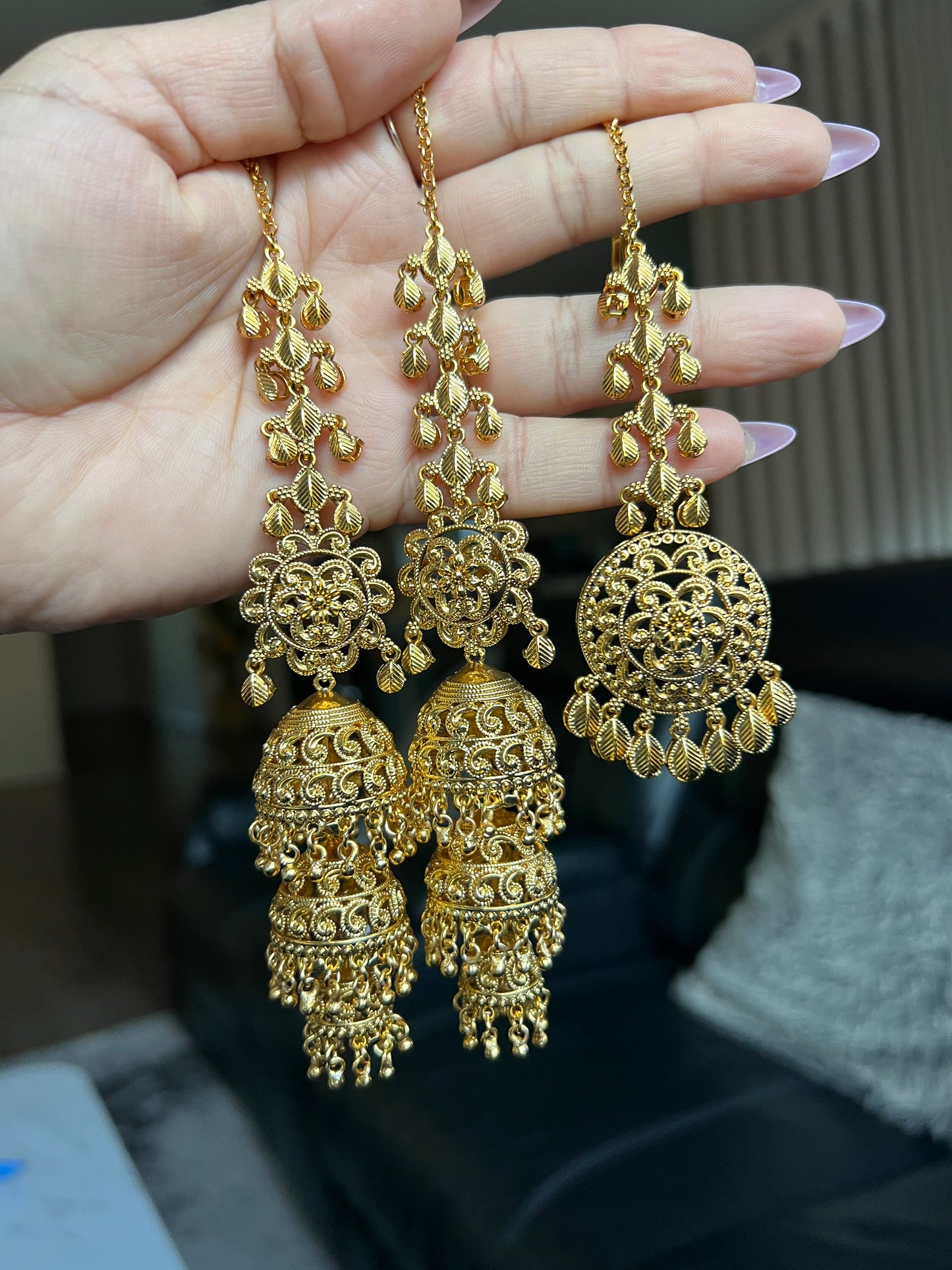 Raashi Next to real gold plated triple jhumki tikka set