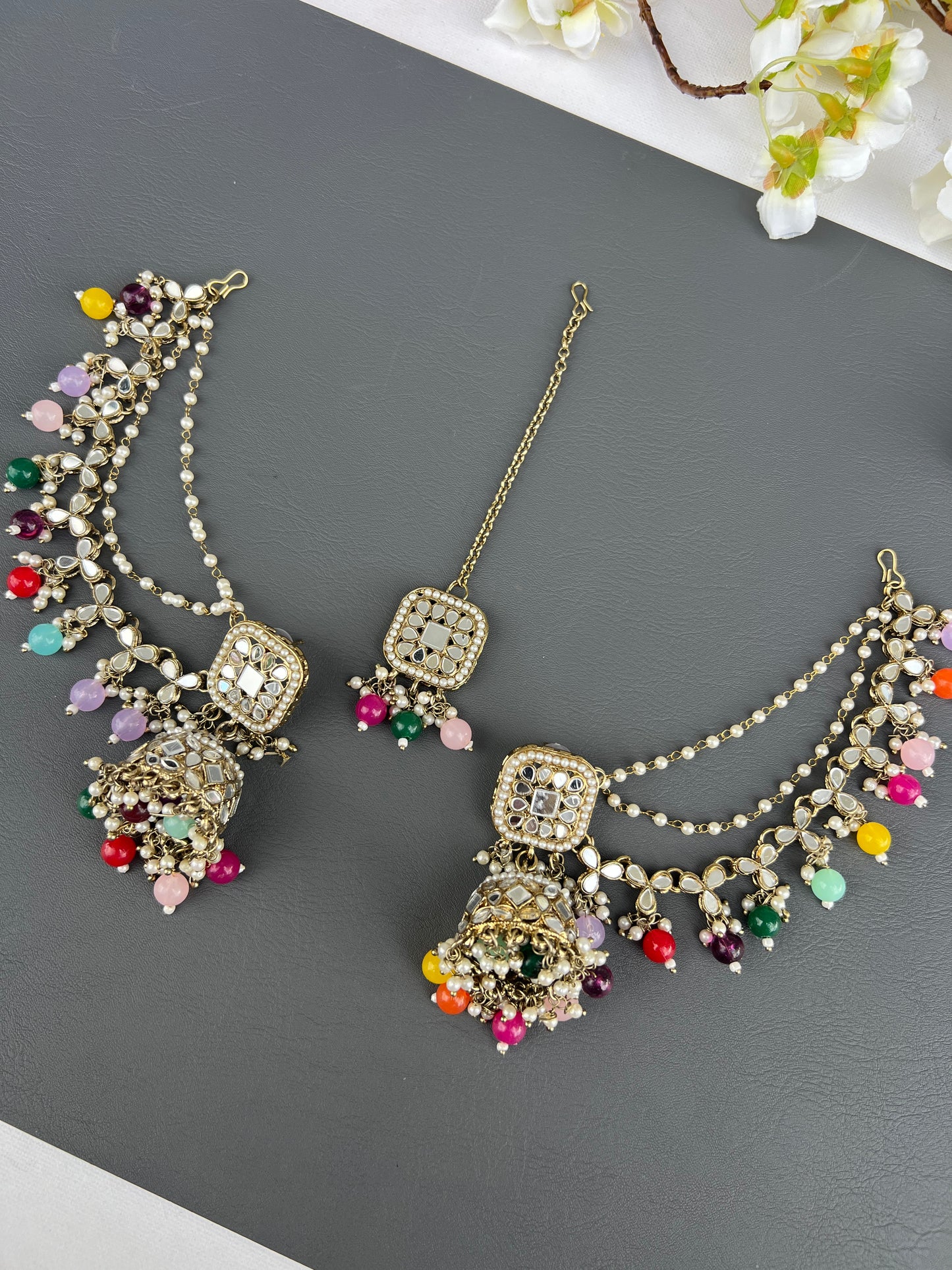 Rasika mirror earrings and tikka