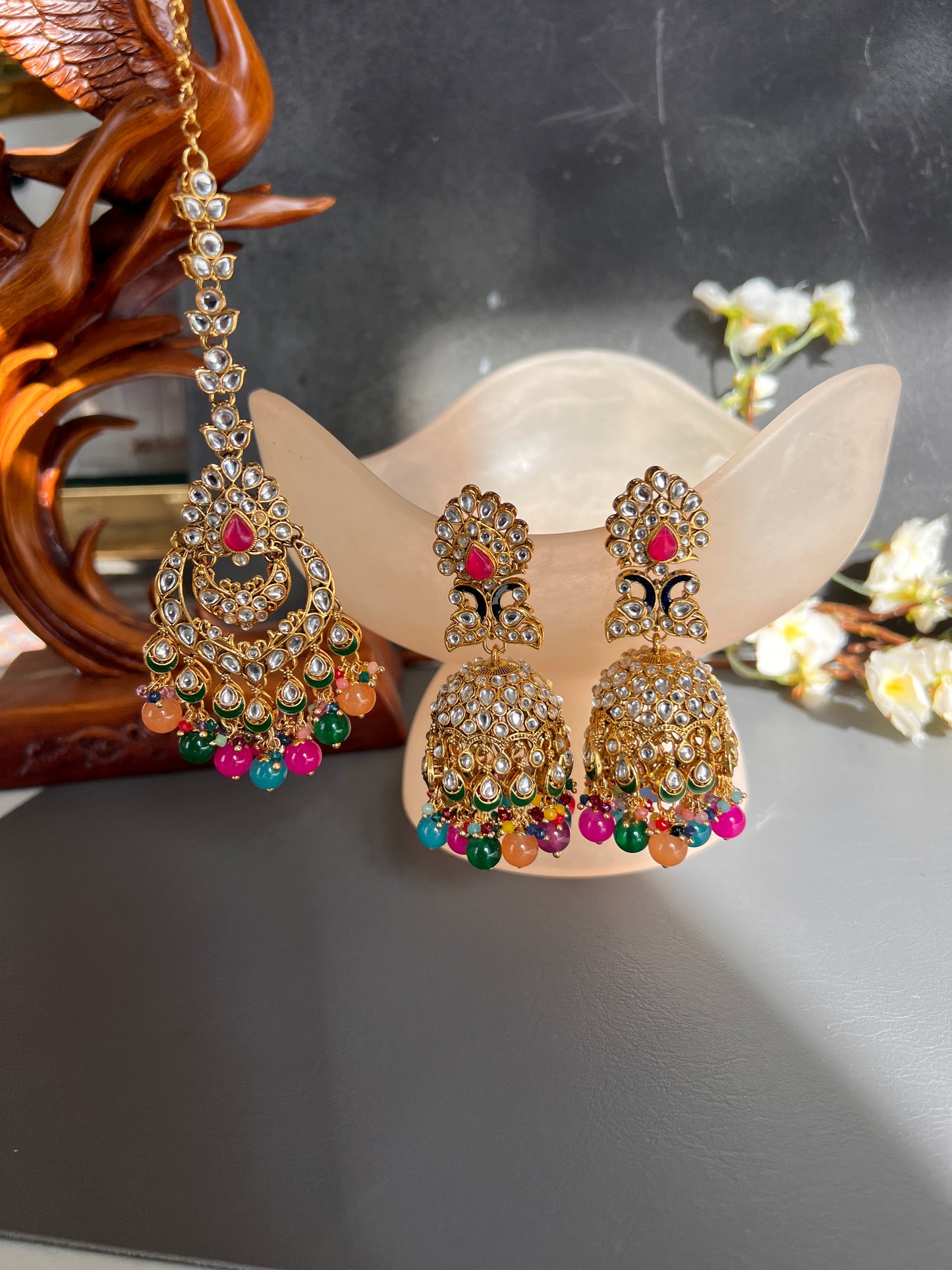 Sargun jhumka tikka set