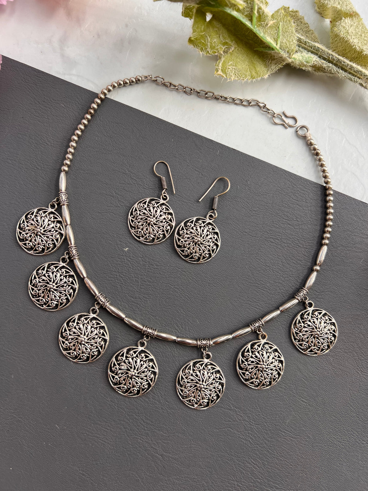 Vintage Filigree Coin Oxidised Necklace Set