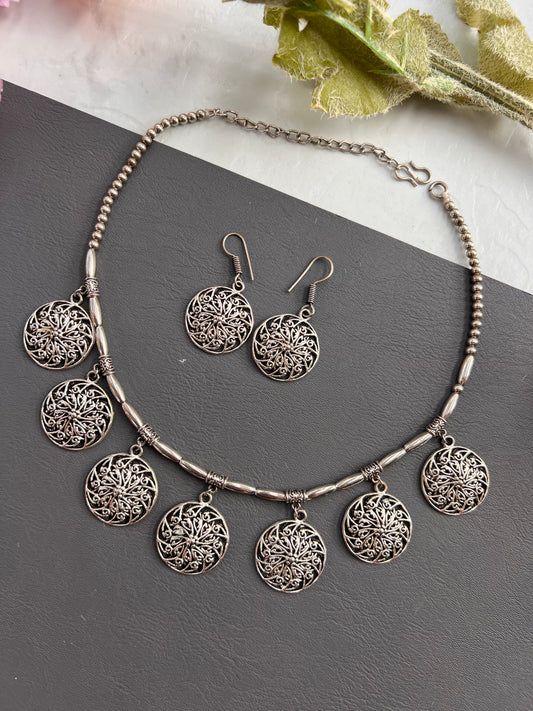 Vintage Filigree Coin Oxidised Necklace Set