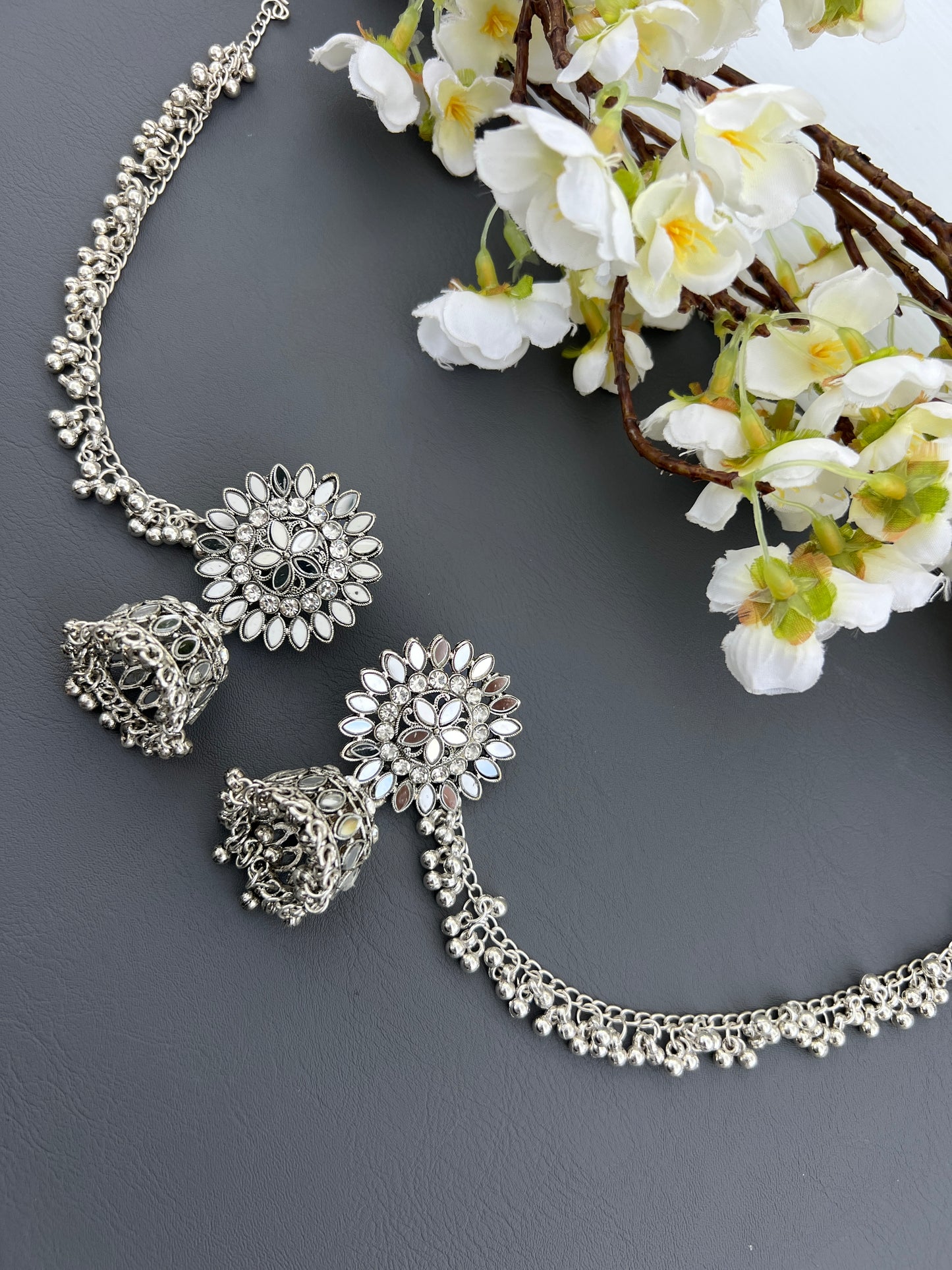 Silver jhumka with ear chains