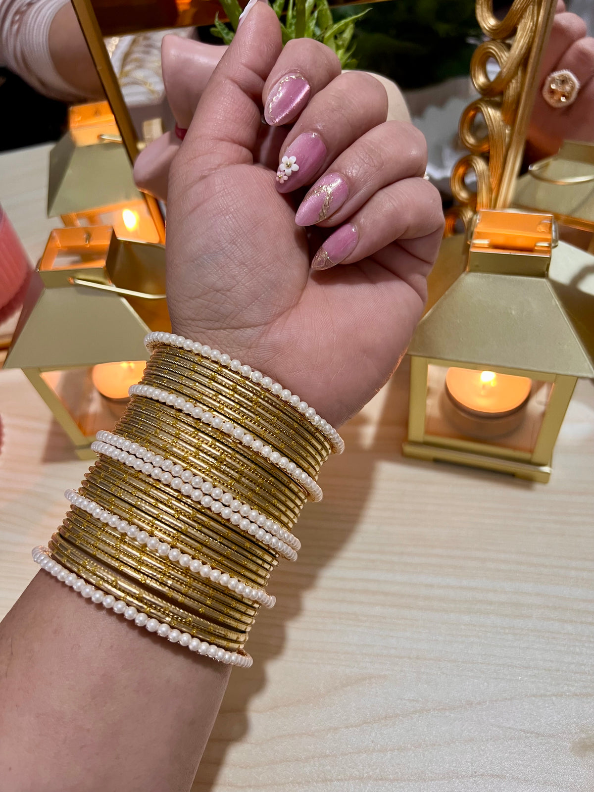 The Empress Pearl & Textured Gold Bangle Stacks