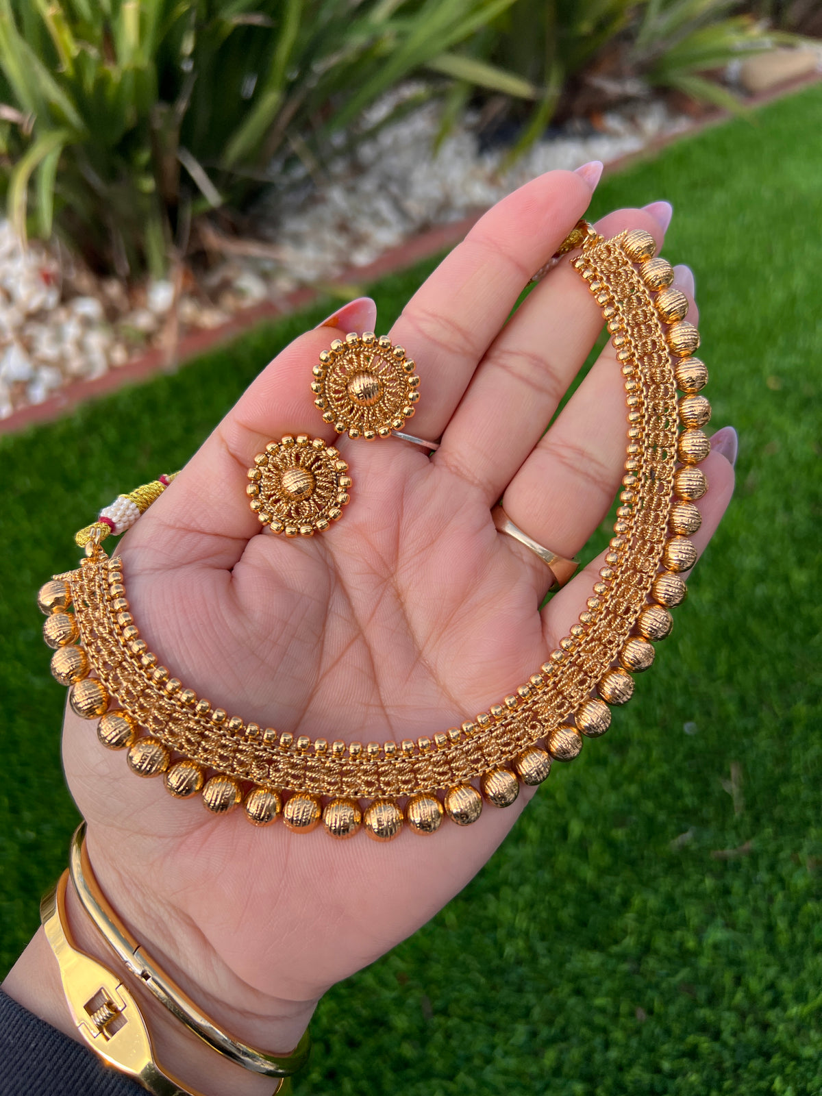 Aadhya Woven Gold Bead Necklace Set