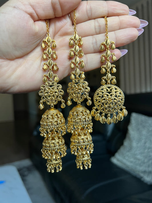 Raashi Next to real gold plated triple jhumki tikka set