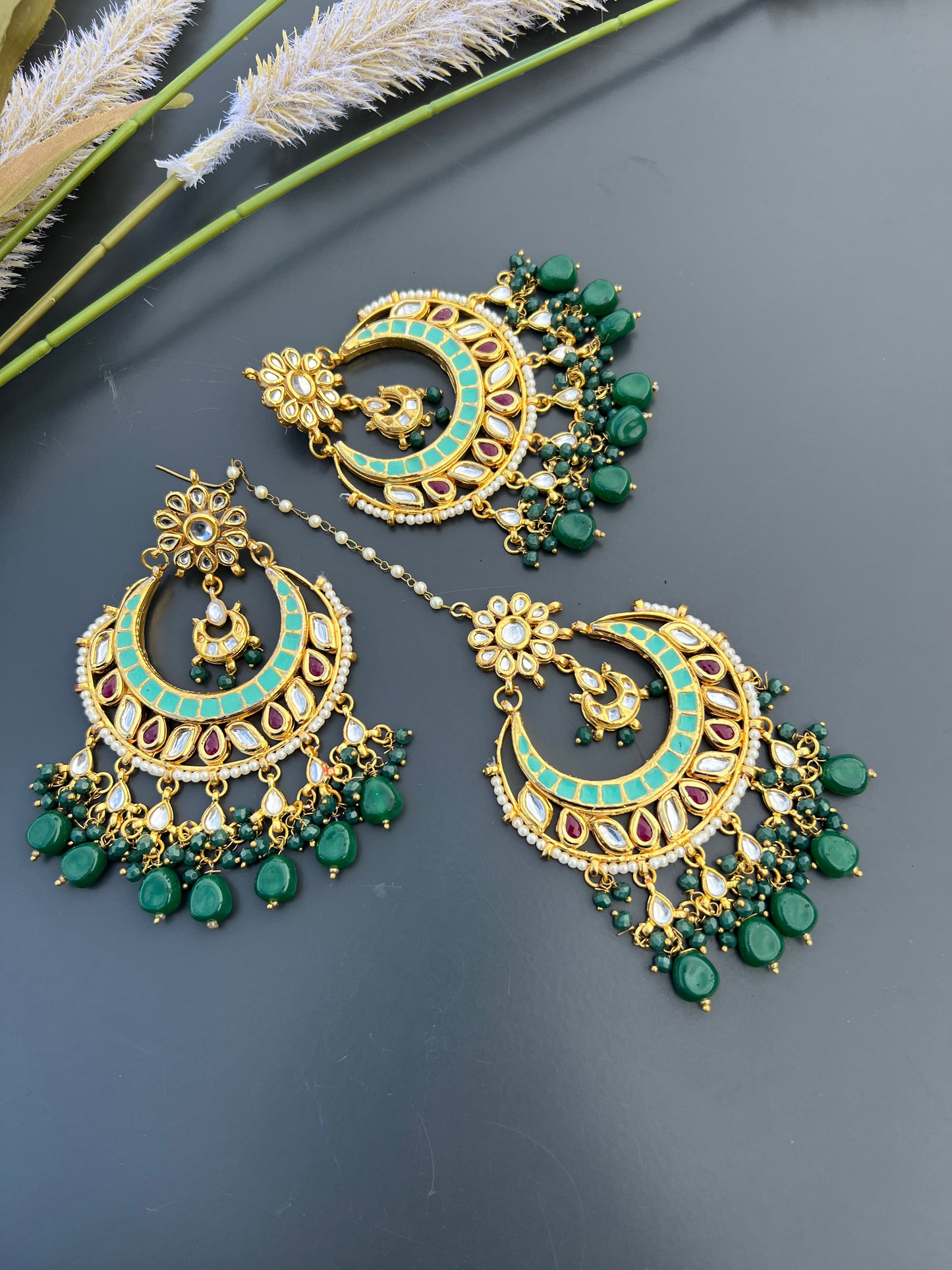 Kundan oversized earrings and tikka set