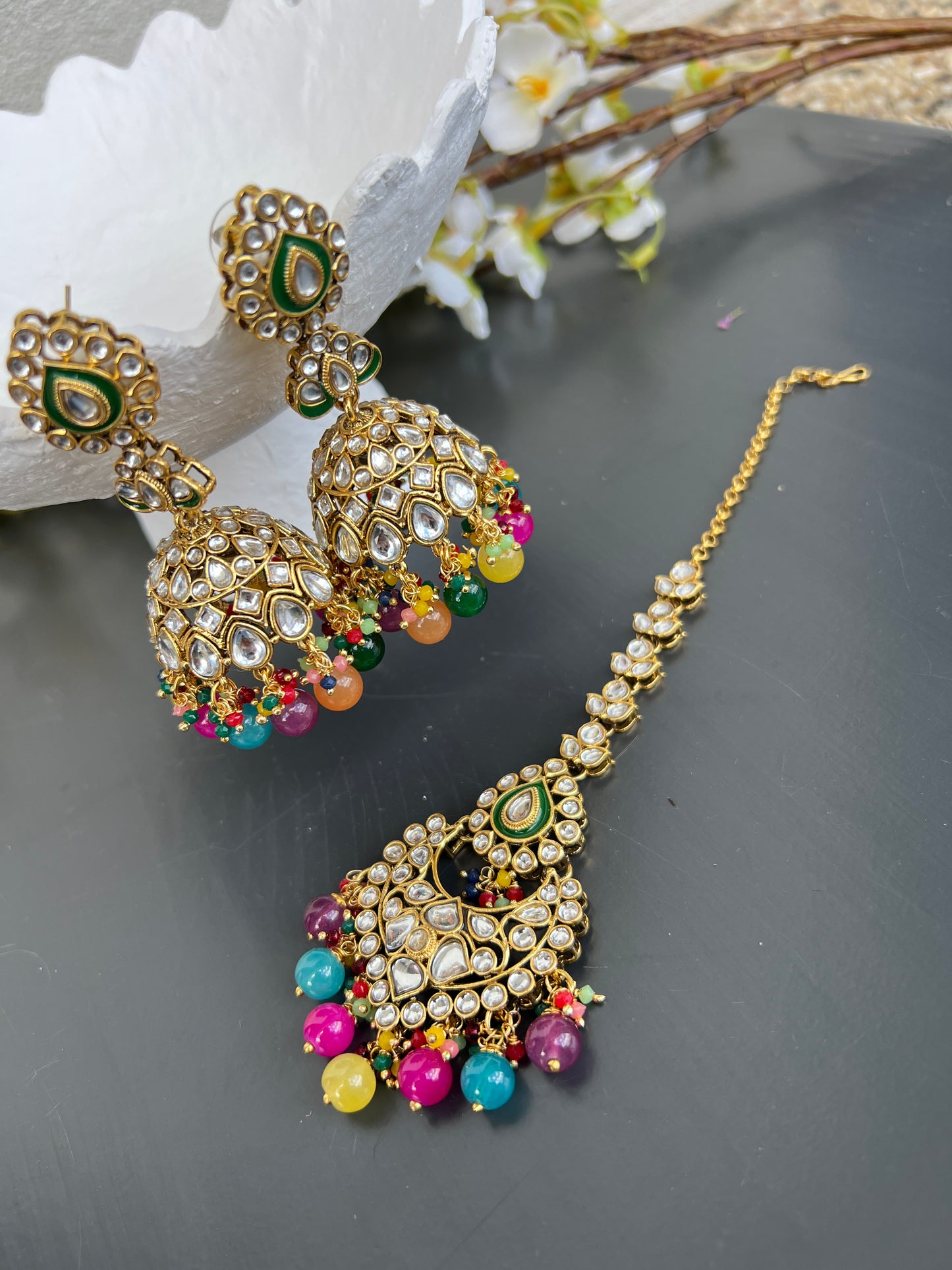 Sargun kundan earrings & tikka