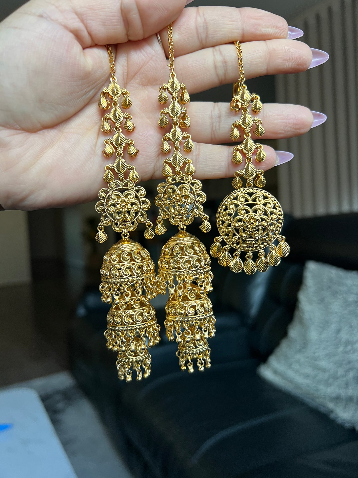 Raashi Next to real gold plated triple jhumki tikka set