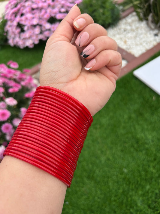 Red glass plain bangles set ( stack)
