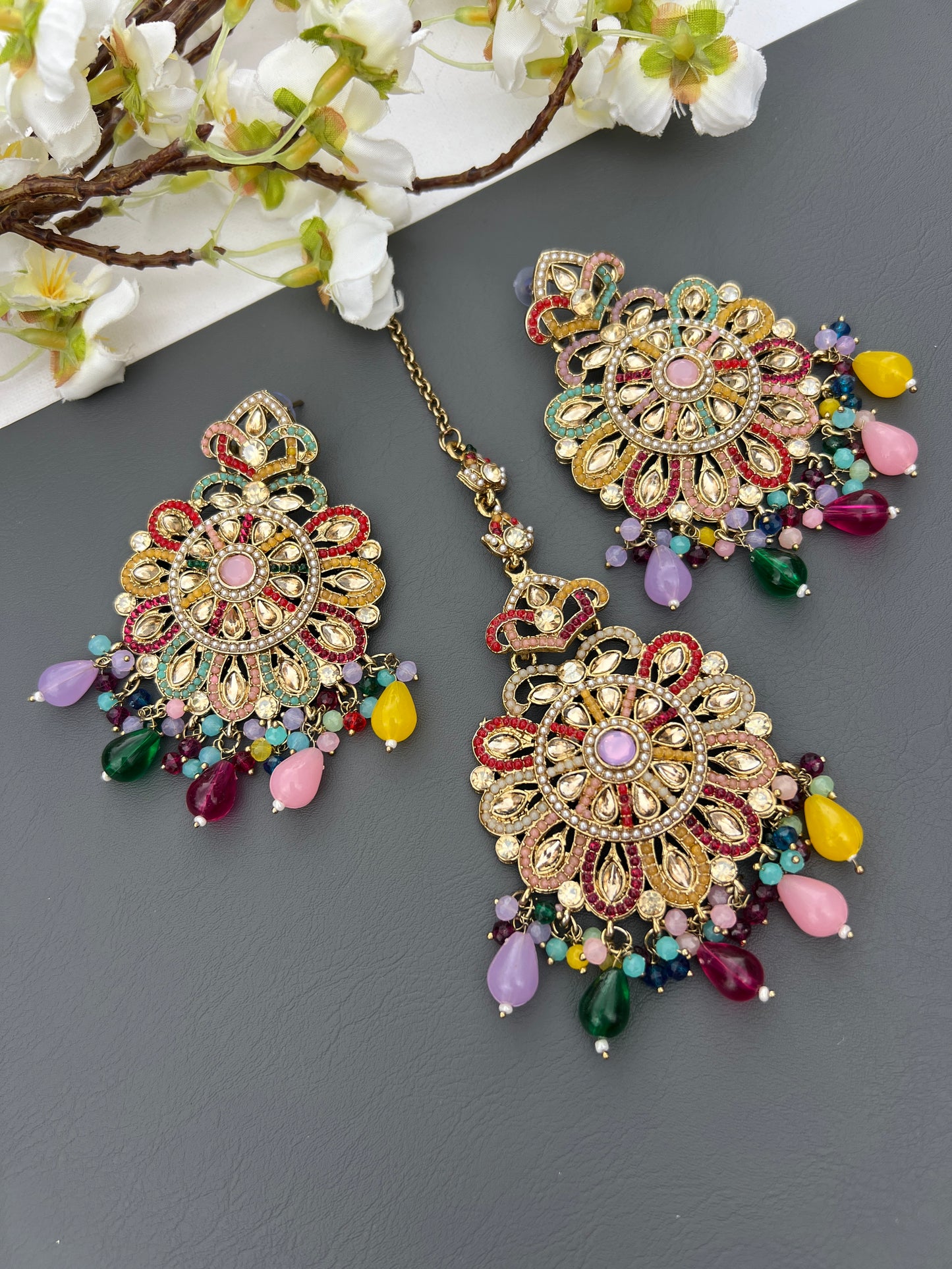 Pakistani large earrings and tikka set