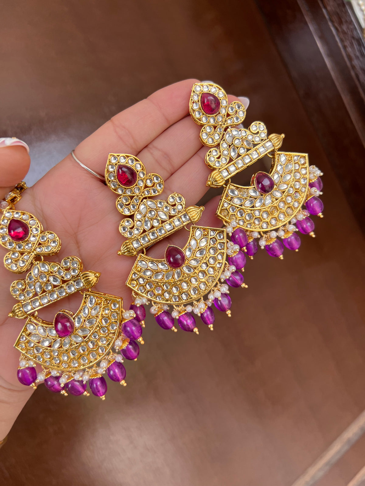 Regal Crescent Kundan Earrings with Matching Maang Tikka
