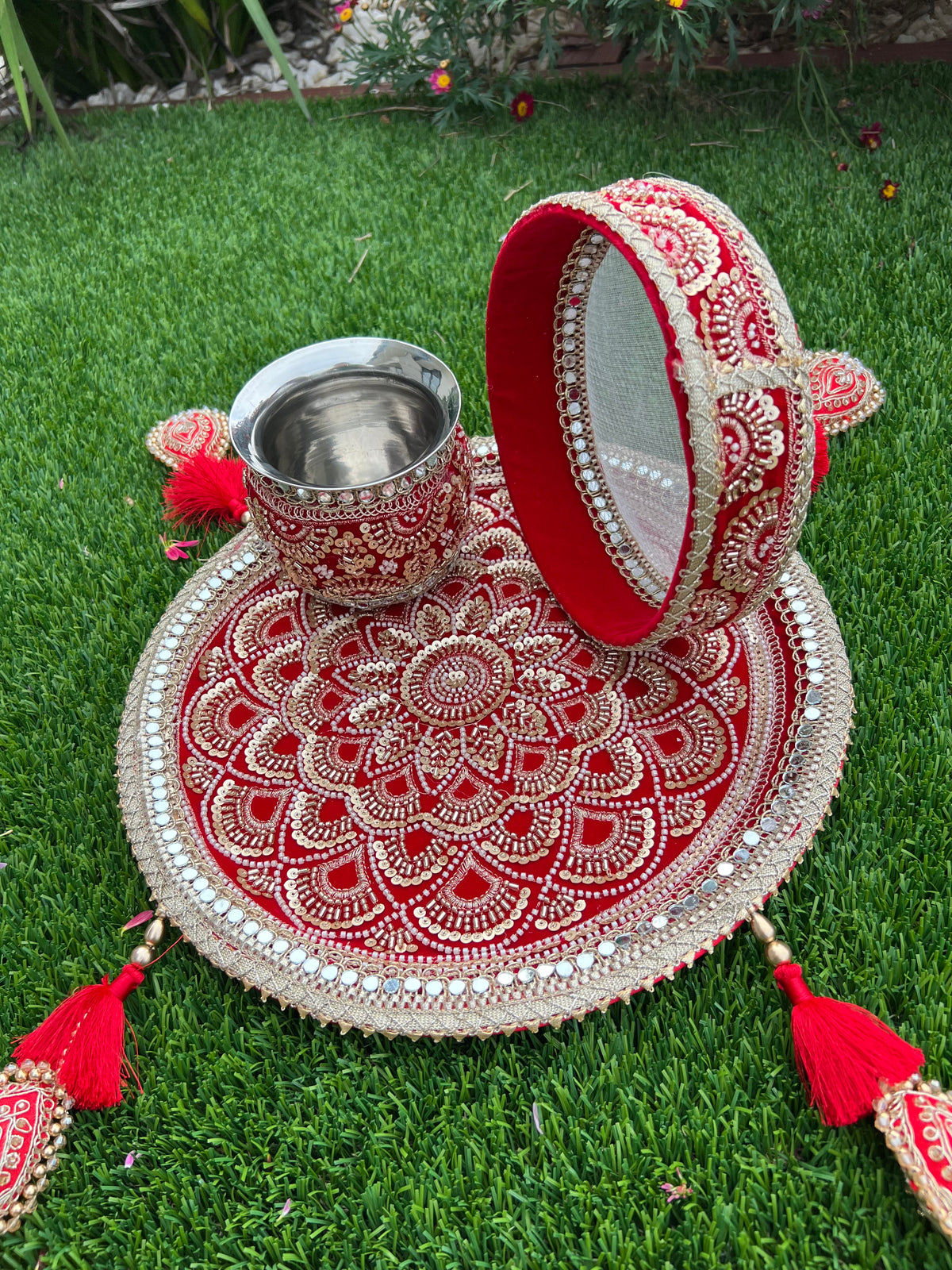 Royal Maroon Velvet Karwachauth Thali Set