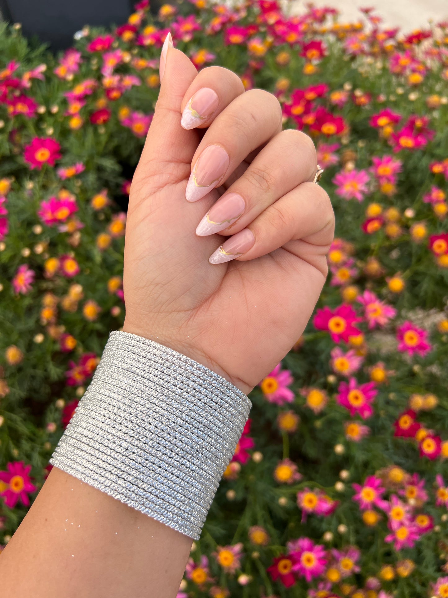Silver metal bangles stack