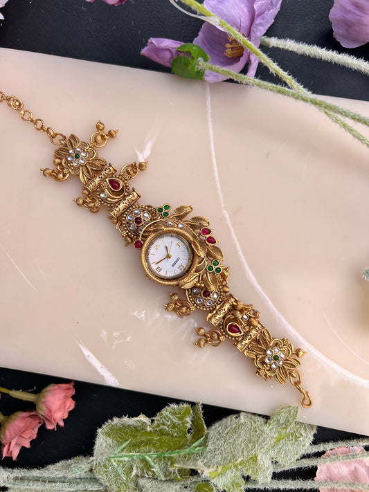 Viraasat Antique Gold Floral Kada Watch