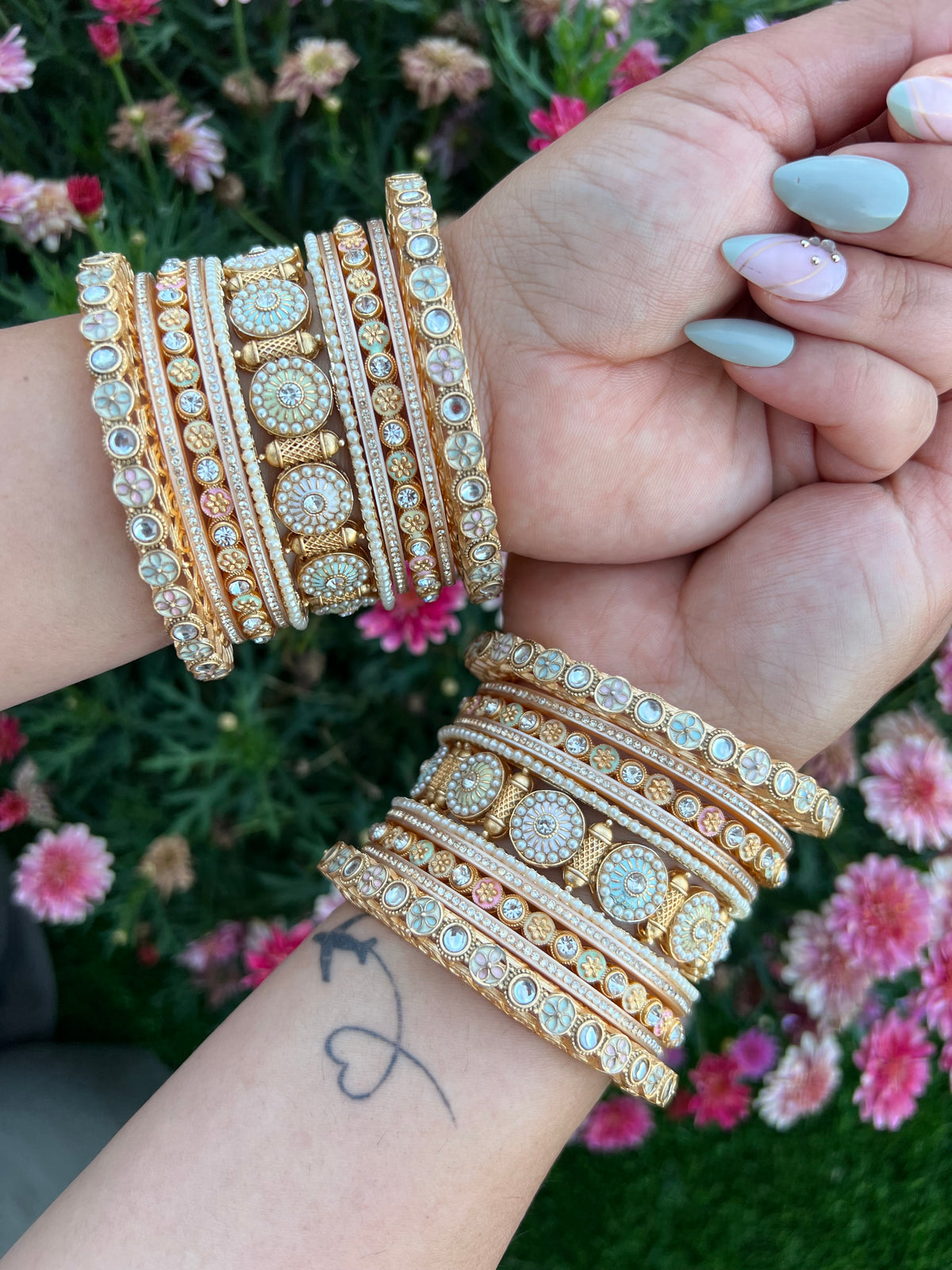 Blooming Grace Pastel Pearl & Kundan Bangles Set( Both hands)