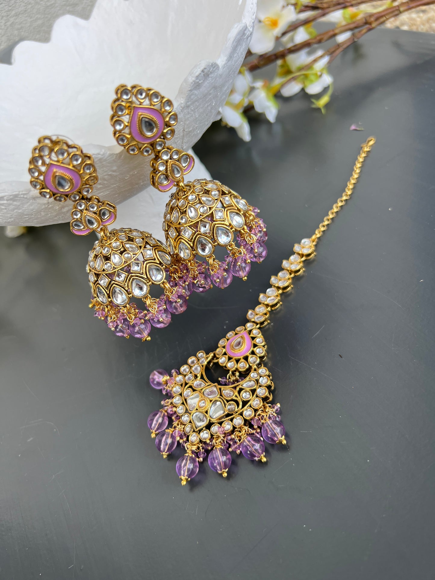 Sargun kundan earrings & tikka