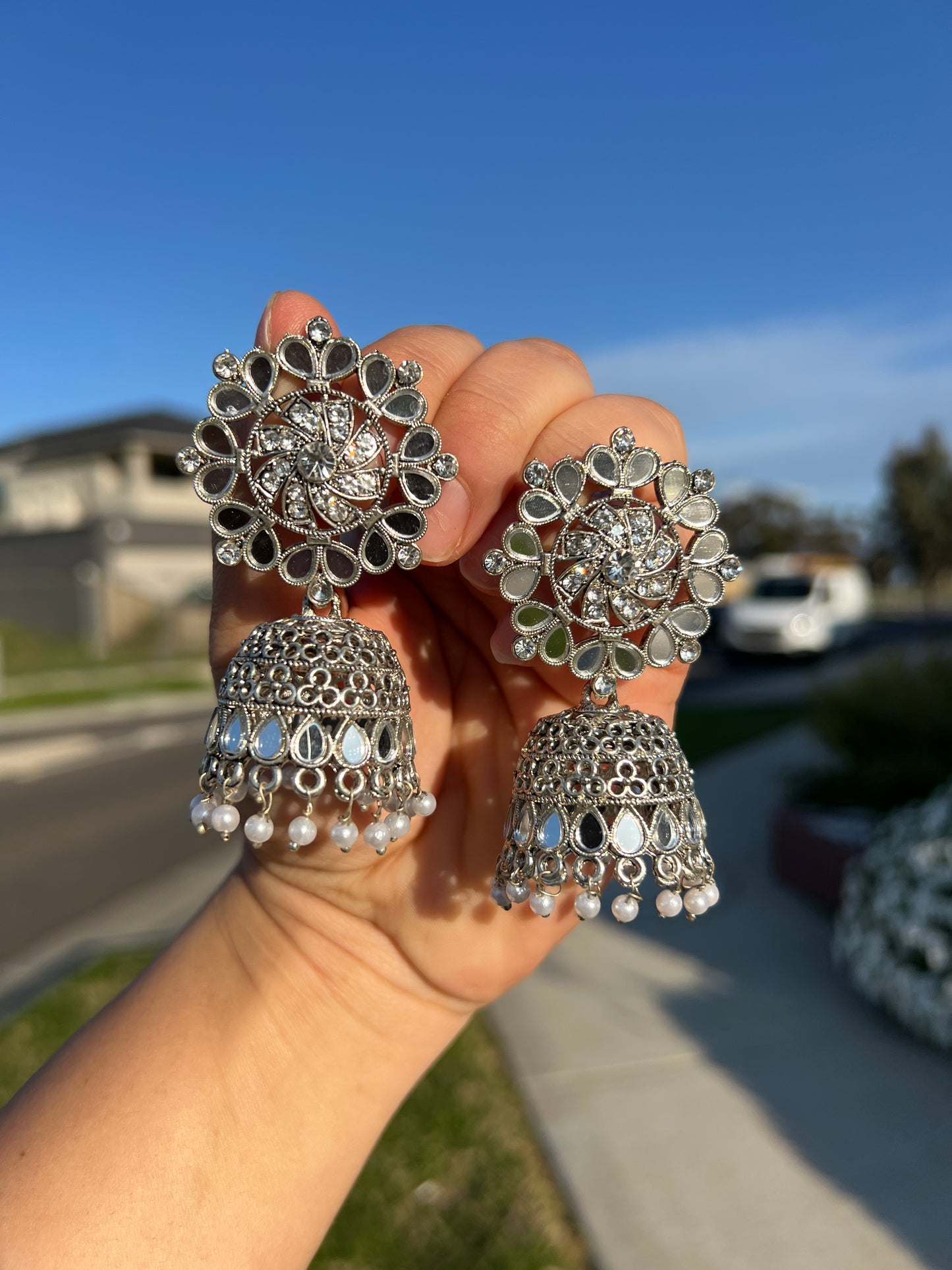 Silver mirror jhumka