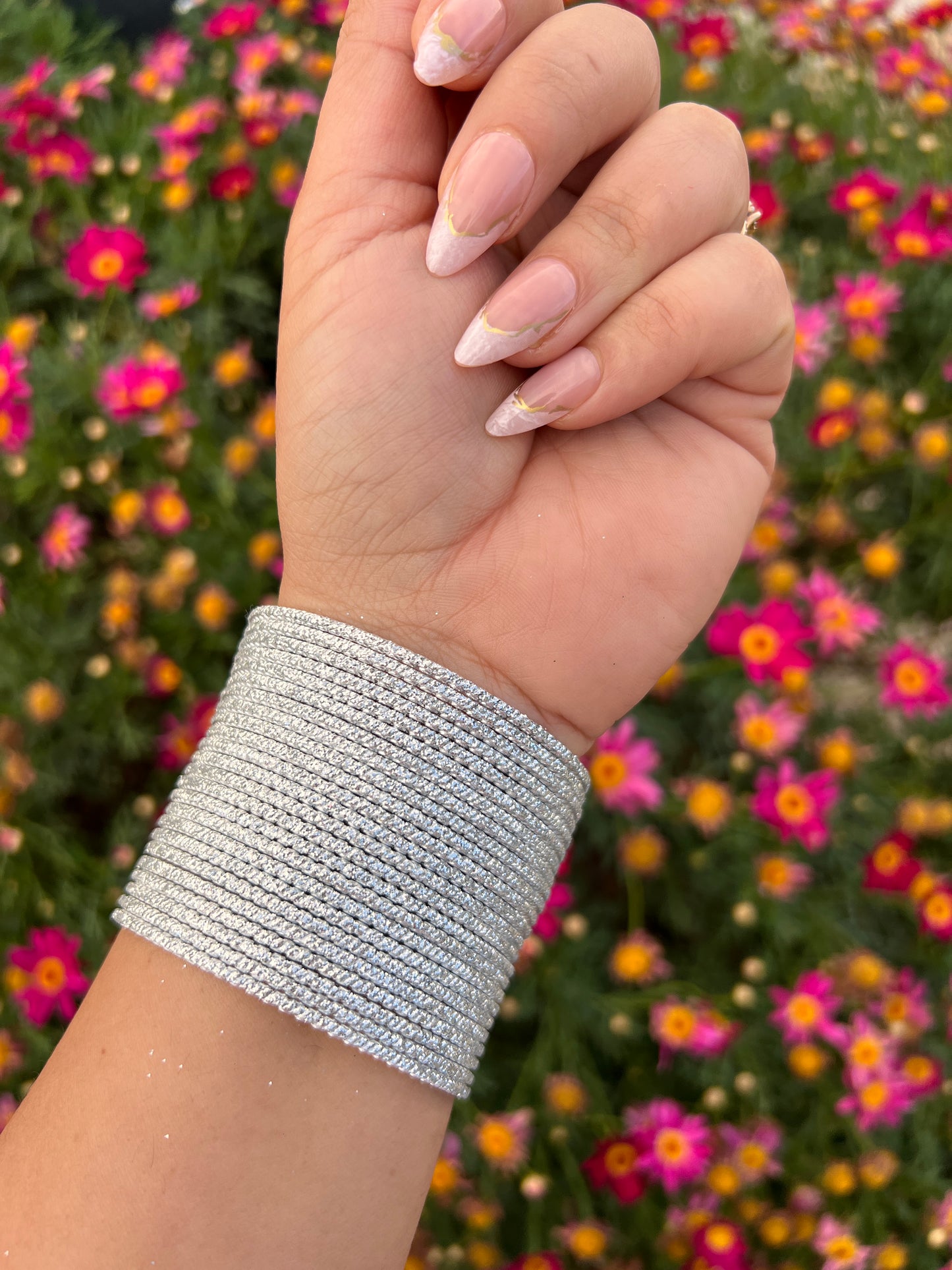 Silver metal bangles stack