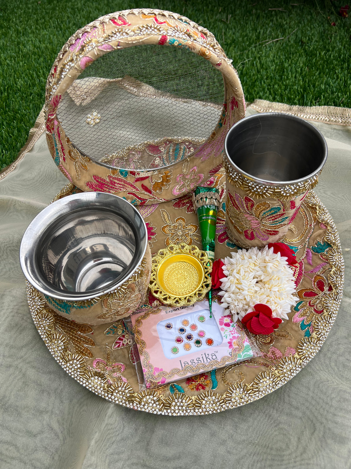 Royal Pastel Floral Handcrafted Karwa Chauth Thali Set