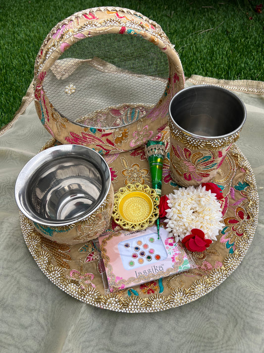 Royal Pastel Floral Handcrafted Karwa Chauth Thali Set