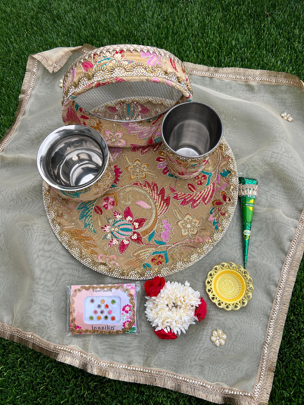 Royal Pastel Floral Handcrafted Karwa Chauth Thali Set