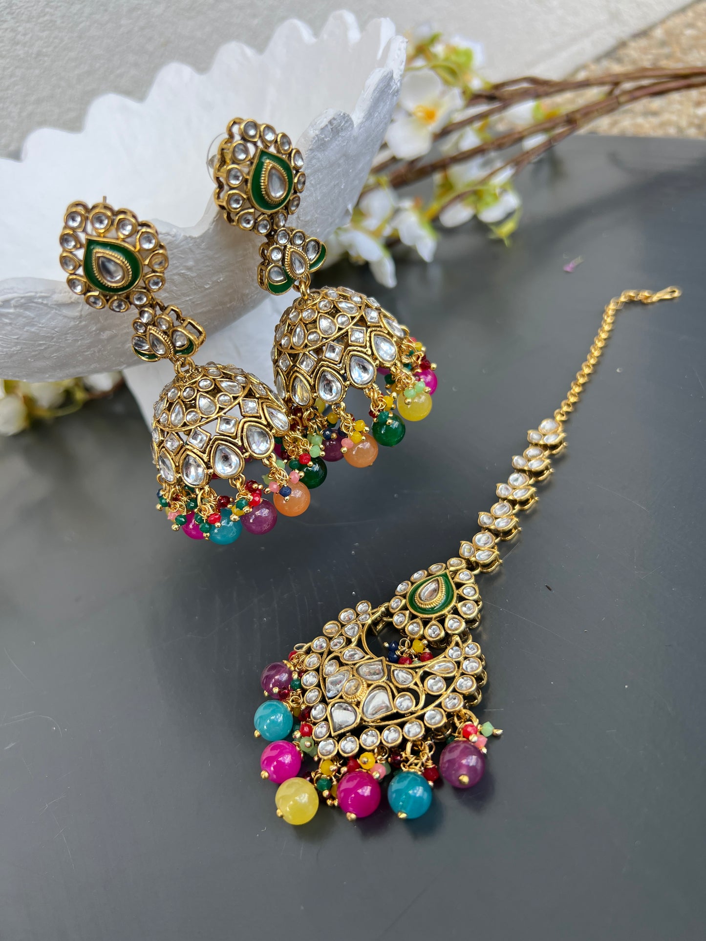 Sargun kundan earrings & tikka