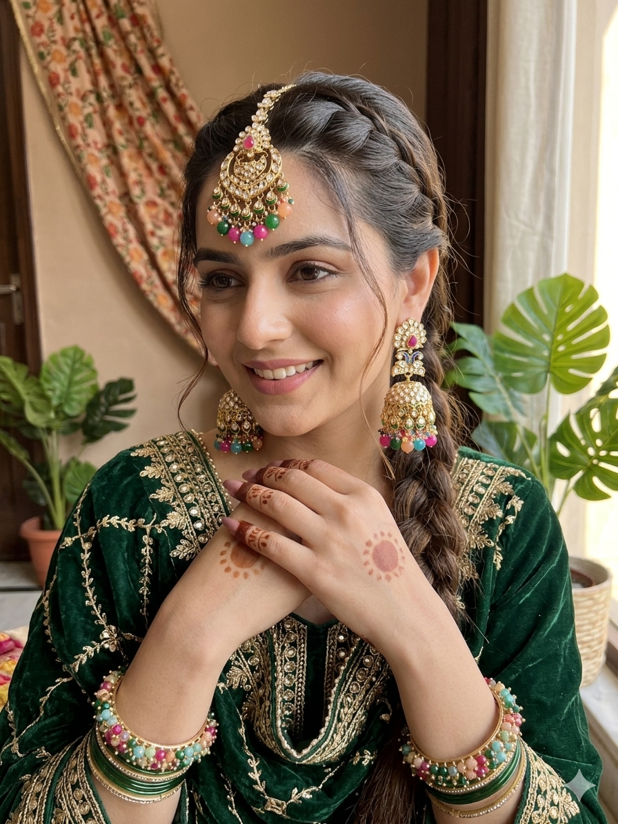 Sargun jhumka tikka set