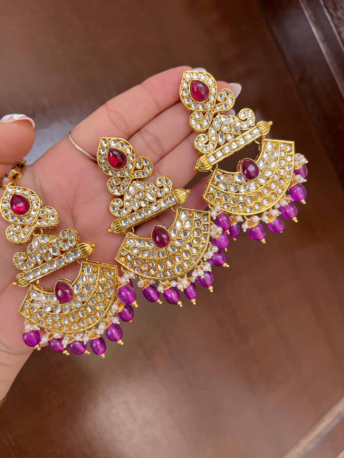 Regal Crescent Kundan Earrings with Matching Maang Tikka
